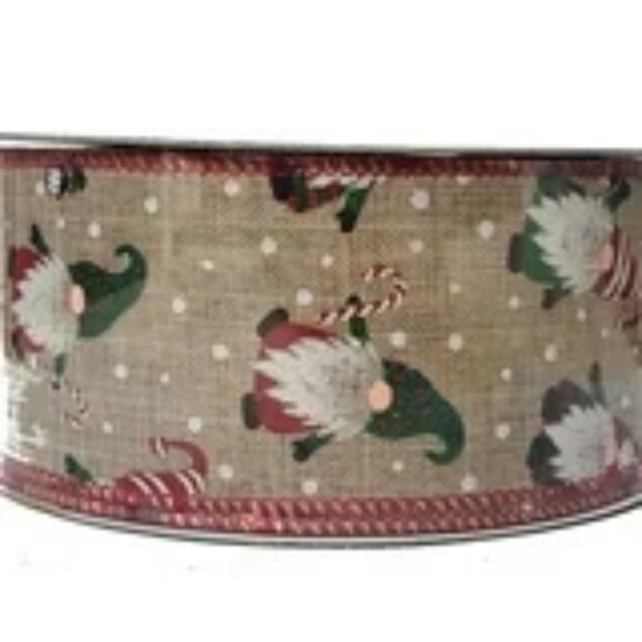 Christmas Santa Gnomes Glittered Wire-Edged Ribbon Roll - 2.5" x 50 yds - New - Picture 1 of 1